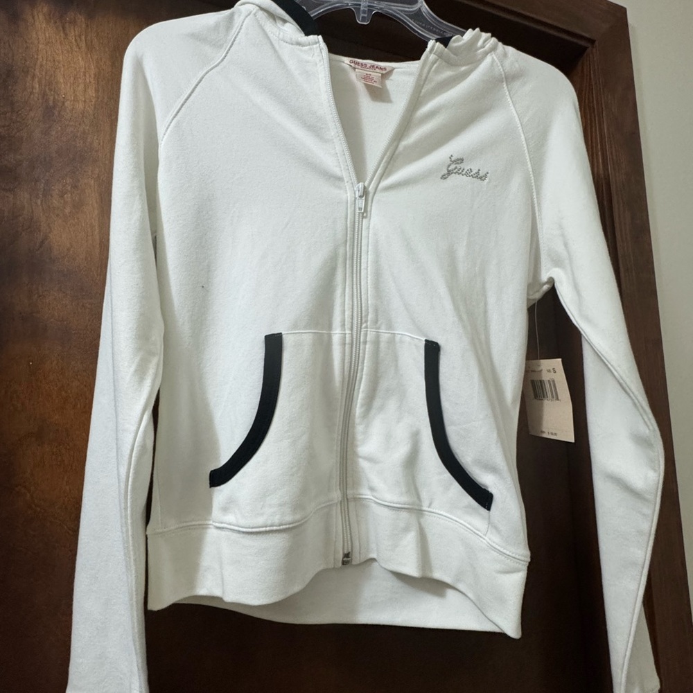 Guess Ivory Zip-Up Jacket with Black Trim
